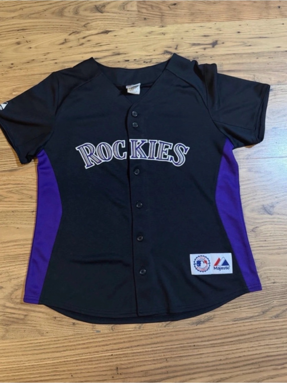 Majestic Athletic MLB Colorado Rockies Black & Purple Baseball Jersey L/G womans